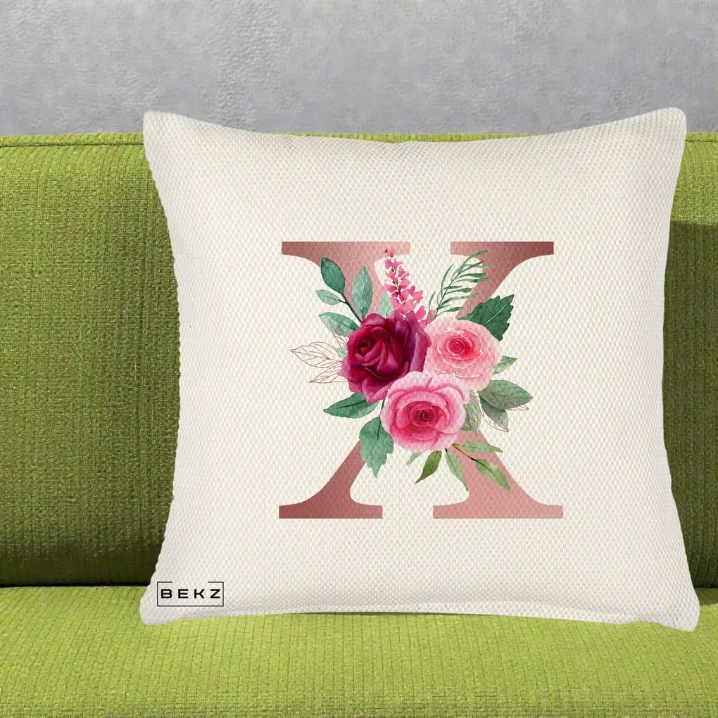 Cadou Personalizat - Perna Personalizata Monograma Rose Gold Litera X, 40x40 cm, Crem Reliefat, Husa Detasabila, Perna Inclusa, BEKZ®