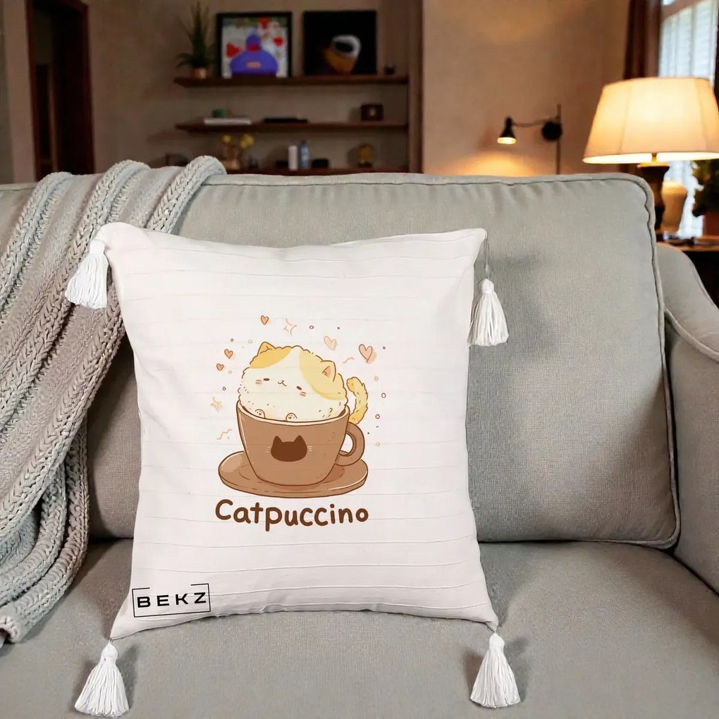 Perna Decorativa Catpuccino Pisica Cappuccino, 40x40 cm, Bej cu Franjuri, Husa Detasabila, Perna Inclusa, BEKZ®