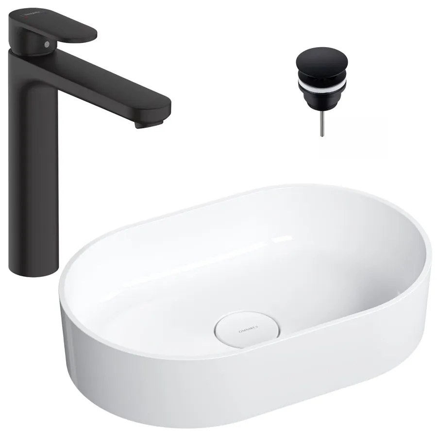 Pachet lavoar pe blat Omnires Ovo M+ alb 55 cm, baterie lavoar Hansgrohe Vernis Blend negru si ventil lavoar Click-Clack D negru