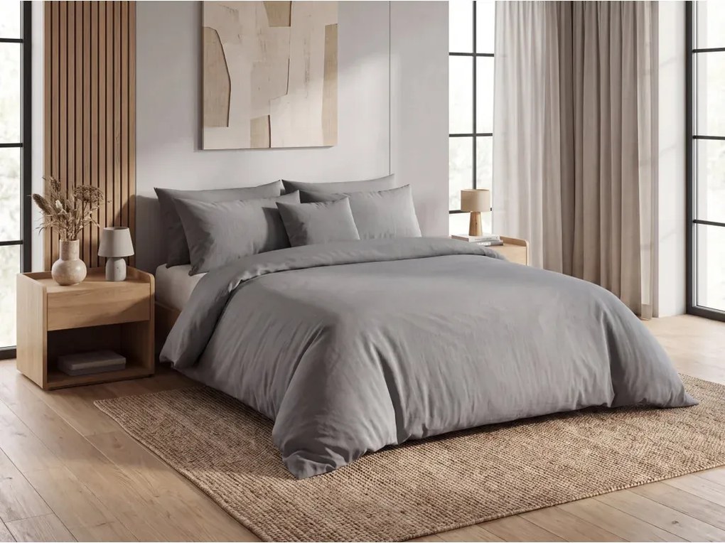 Set lenjerie de pat krep DENYX BLEND gri + Cearsaf Jersey 180 x 200 cm gri deschis, pat dublu