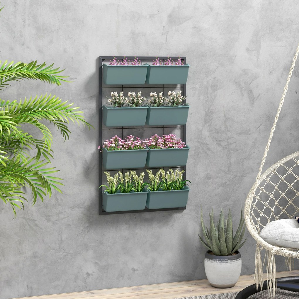 Outsunny Suport pentru Plante, 8 Ghivece Stivuibile, Rezistente la Intemperii, 52.5 x 14 x 90 cm, Gri + Negru | Aosom Romania