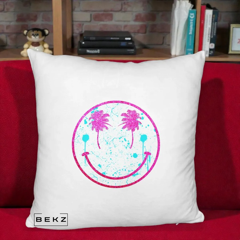 Perna Decorativa Smiley Face Tropical Glitter Roz, 40x40 cm, Alb Pufos, Husa Detasabila, Perna Inclusa, BEKZ®
