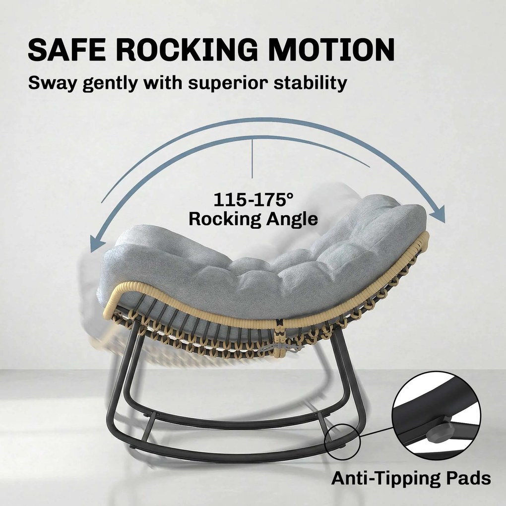 Outsunny Fotoliu balansoar din ratan, șezlong de grădină cu perne groase, balansoar de grădină până la 120 kg, interior/exterior, 87 x 110 x 70 cm, Gri | Aosom Romania