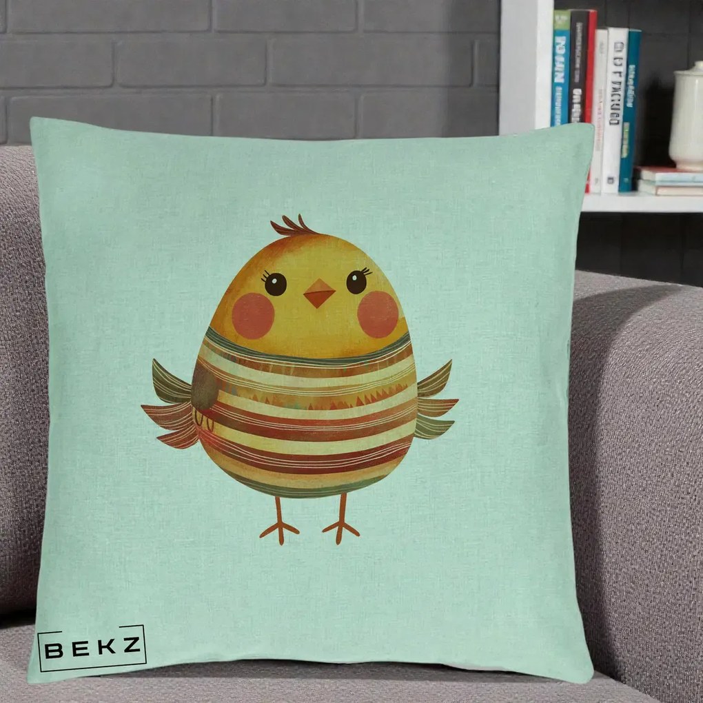 Perna Decorativa Pui Kawaii Portocaliu Dungi Calde, 40x40 cm, Verde Menta, Husa Detasabila, Perna Inclusa, BEKZ®
