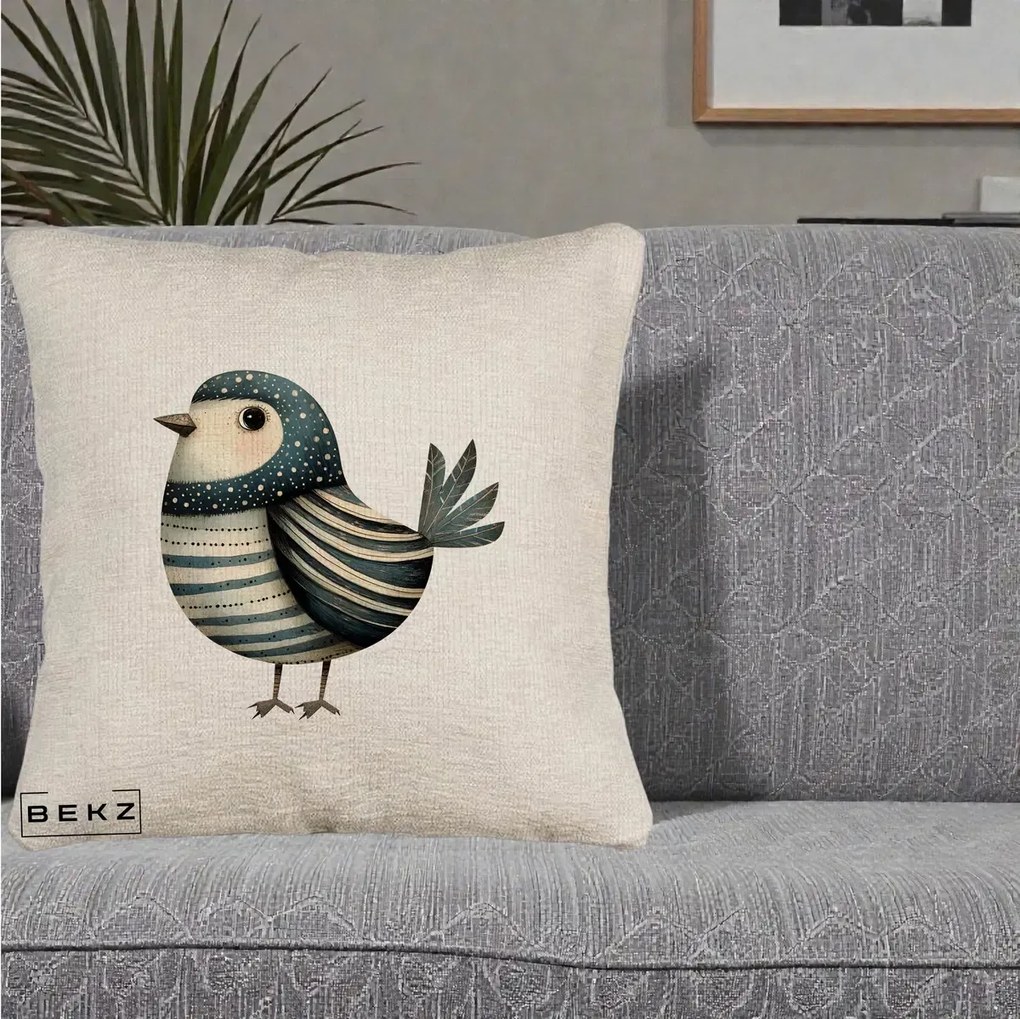Perna Decorativa Pasare Teal Decorativa Dungata, 40x40 cm, Bej Canapea, Husa Detasabila, Perna Inclusa, BEKZ®