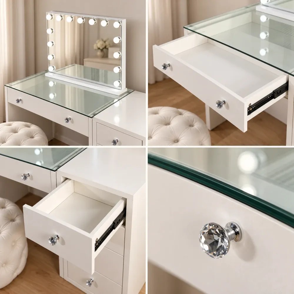 Set GLORIA – Masă de Toaletă pentru Machiaj, Oglindă Iluminată, Becuri LED, Comodă, Taburet, Alb