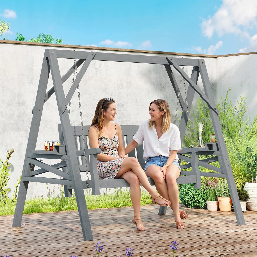 Outsunny Leagăn de grădină pentru 2 persoane, bancă-leagăn din lemn cu polițe, suport pentru băuturi și lanțuri metalice, Gri | Aosom Romania