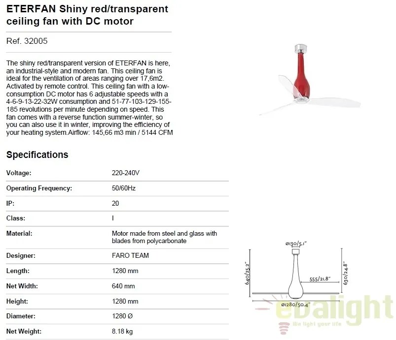 Ventilator cu telecomanda ETERFAN rosu/ transparent 32005