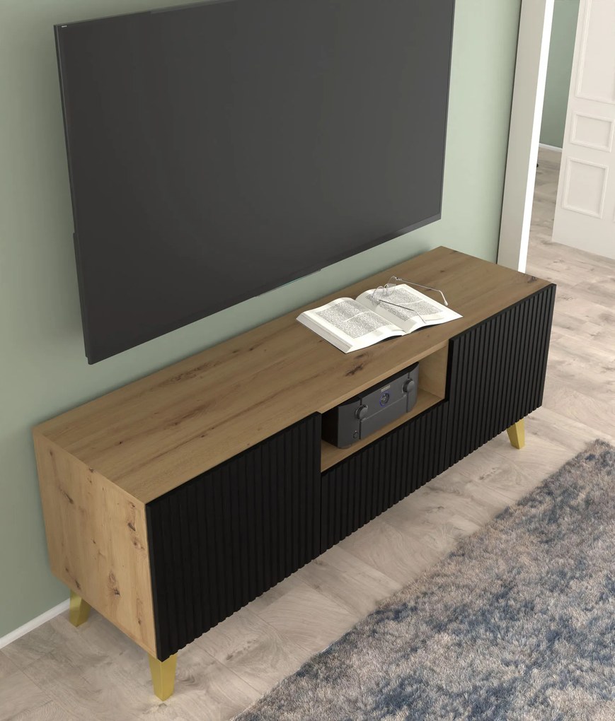 Masă TV PB 150 2D1cu Rowanna (Stejar artisan + Negru + Auriu). 1125096
