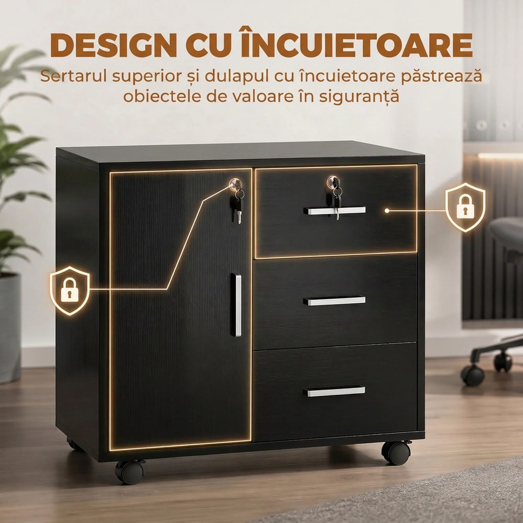 HOMCOM Dulap cu 3 Sertare, Poliță Reglabilă, Suport pentru Imprimantă și Lacăt, Negru | Aosom Romania