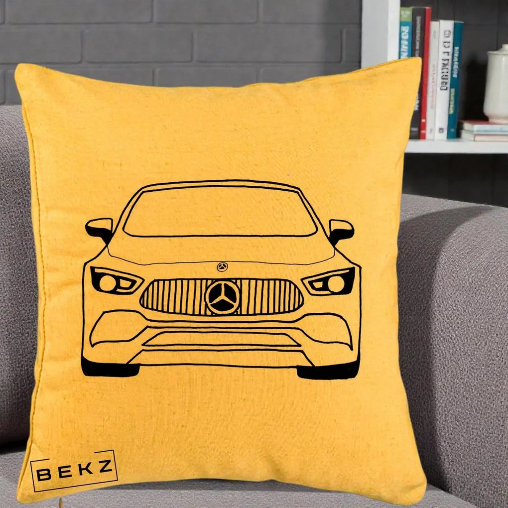 Perna Personalizata Mercedes-Benz Fata Linie, 40x40 cm, Galben, Husa Detasabila, Perna Inclusa, BEKZ®
