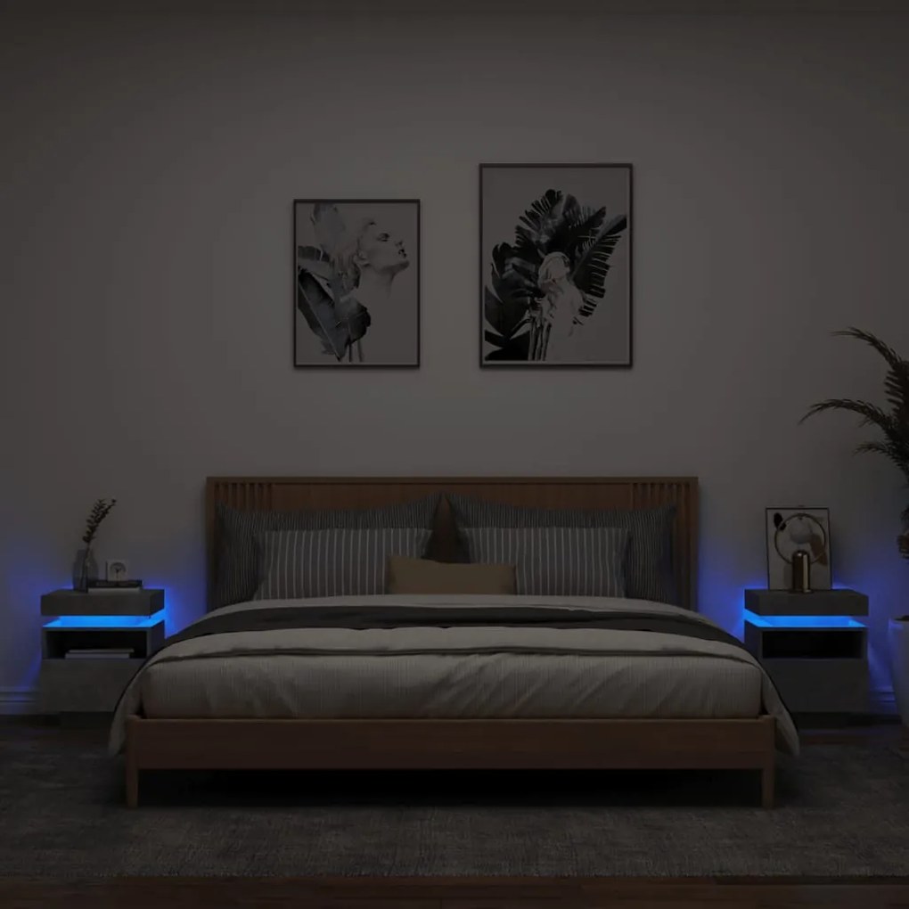 vidaXL Noptiere cu lumini LED, 2 buc., gri beton, 40x39x48,5 cm