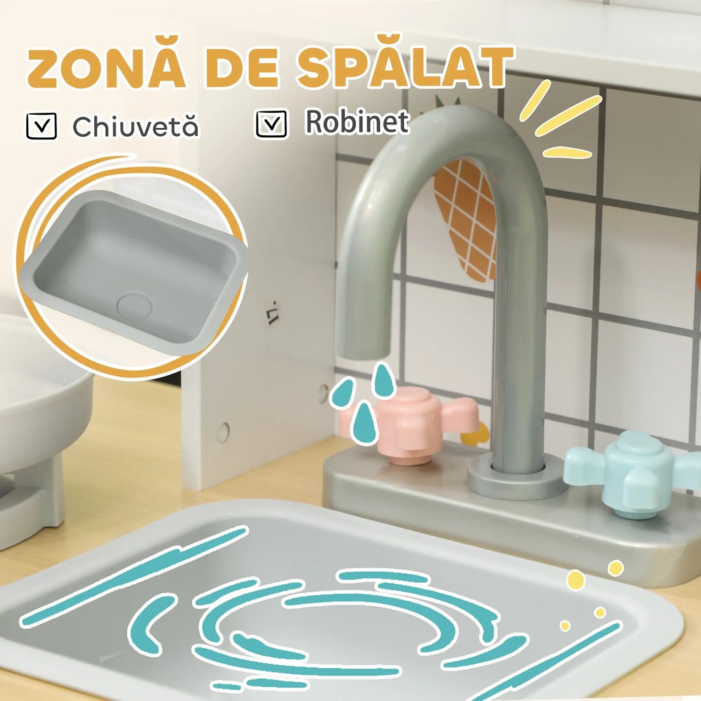 AIYAPLAY Bucătărie de Jucărie pentru Copii de 3+ Ani din Lemn, Aragaz Interactiv, Cuptor și Mașină de Cafea, Albă | Aosom Romania