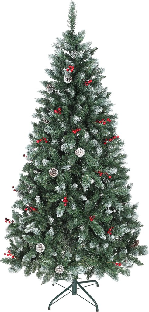 HOMCOM Brad de Crăciun Înalt Înzăpezit 180 cm cu 620 de Ramuri, Brad Artificial de Interior cu Conuri și Boabe Roșii Decorative, Bază din Metal, Verde | Aosom Romania