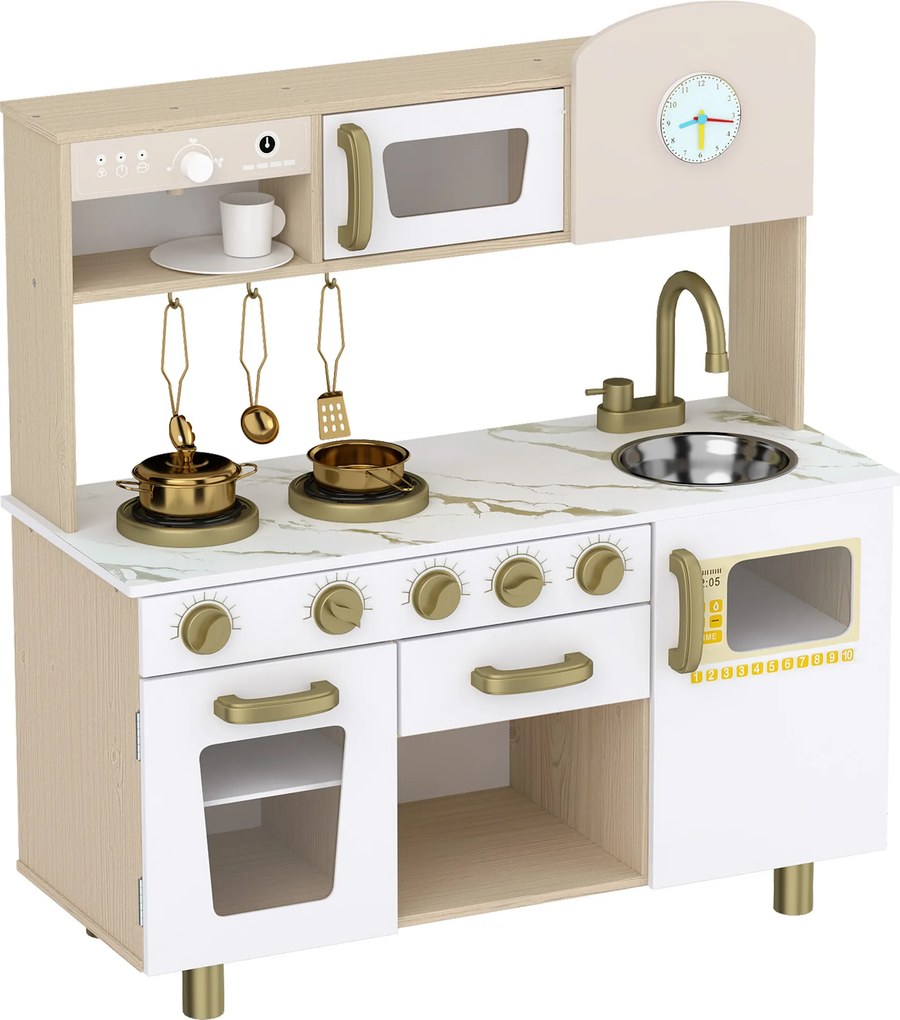 AIYAPLAY Bucătărie de Jucărie pentru Copii cu Plită, Robinet și Accesorii, MDF și Oțel Inoxidabil, 74 x 29 x 81 Cm, Alb | Aosom Romania