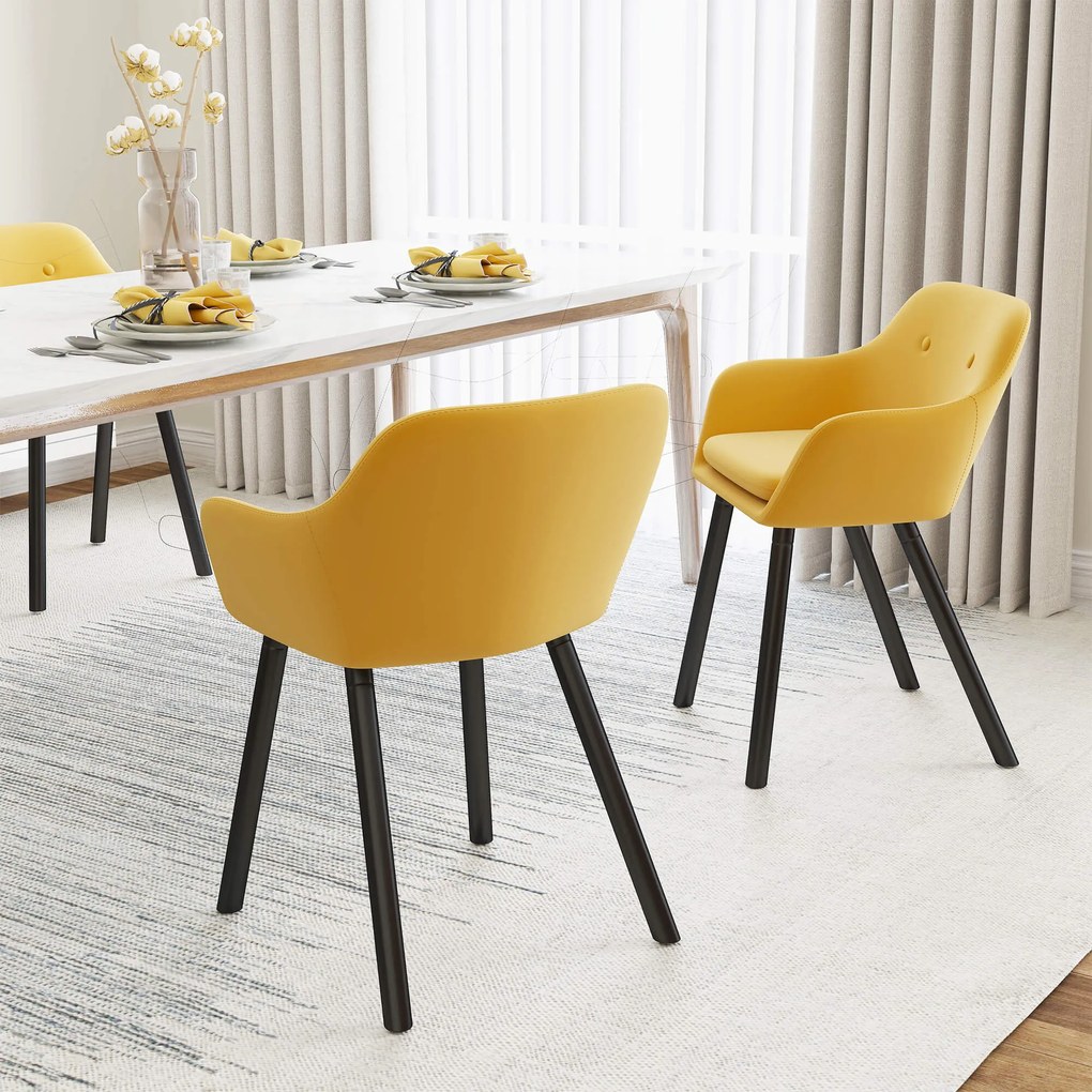 HOMCOM Set de 2 scaune pentru sufragerie cu cotiere, scaune pentru bucatarie tapitate cu catifea cu picioare din lemn, 54x56x74cm, galben