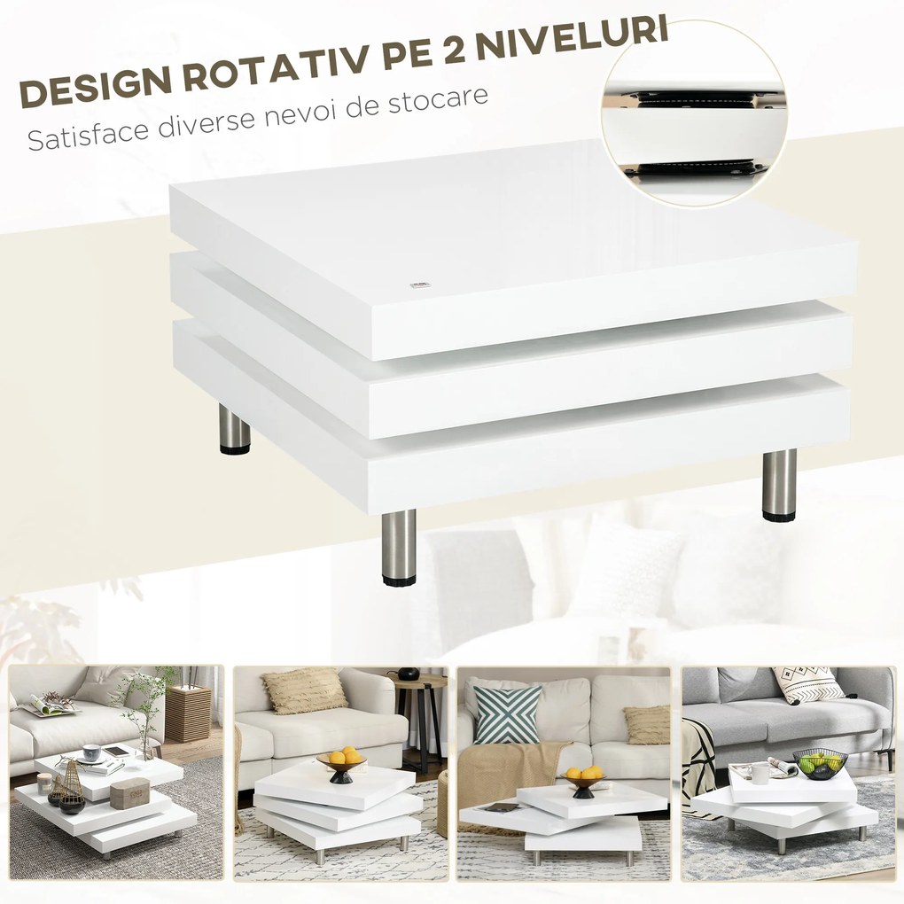 Masuta de Cafea pentru Salon si Camera de Zi, cu 3 Niveluri din MDF cu 2 Blaturi Rotative, 60x60x33.5 cm, Alb Lucios HOMCOM | Aosom Romania