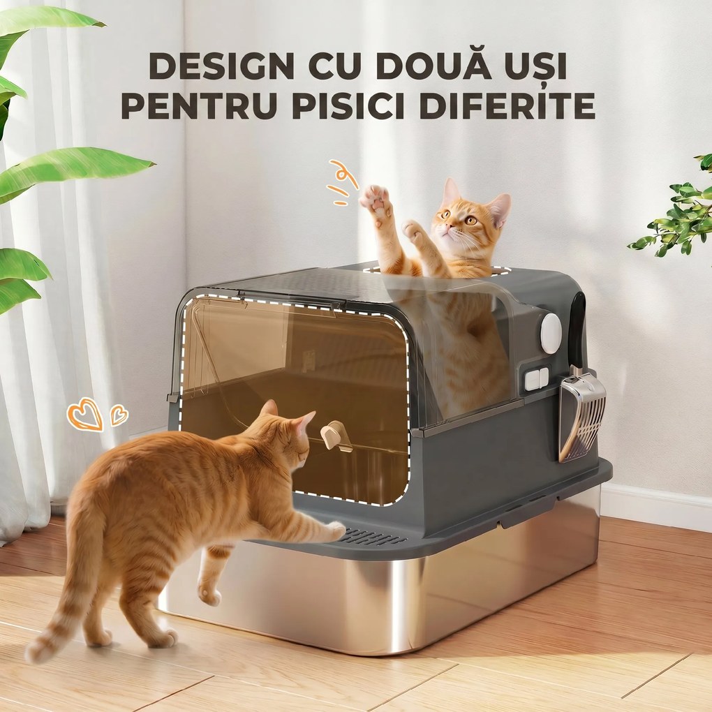PawHut Litieră Închisă pentru Pisici 52 L din Oțel Inoxidabil, cu Capac Rabatabil, Acces Dublu și Lopățică, Negru | Aosom Romania