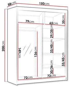 Dulap de haine cu uși culisante Hyzron III 150 (Negru + auriu) (cu oglindă). Promo -17%. 1105724
