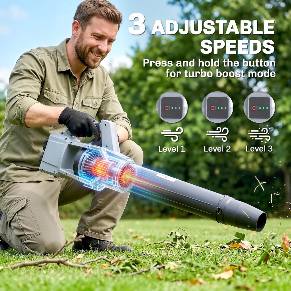 Outsunny Suflător cu Baterie 36V, Suflător de Frunze cu 2 Baterii 4Ah, Motor Brushless 1000W, 3 Niveluri de Viteză 270 km/h, Turbo Boost, Încărcător, Ușor, pentru Grădină, Frunze, Zăpadă, Praf | Aosom Romania