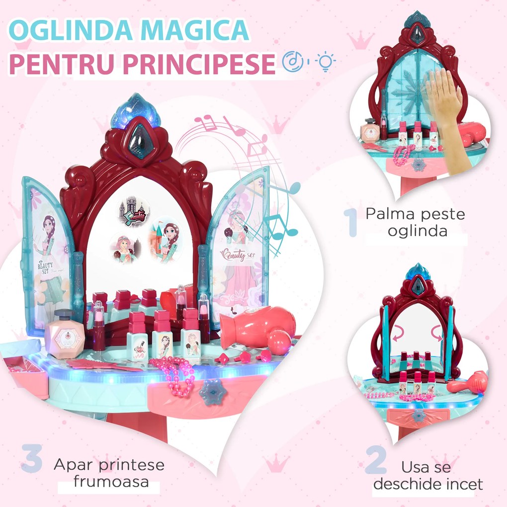 Set de oglinda si masa cu design printesa magica, jucarie muzicala, set de frumusete accesorii, pentru 3-6 ani, albastru roz AIYAPLAY | Aosom Romania