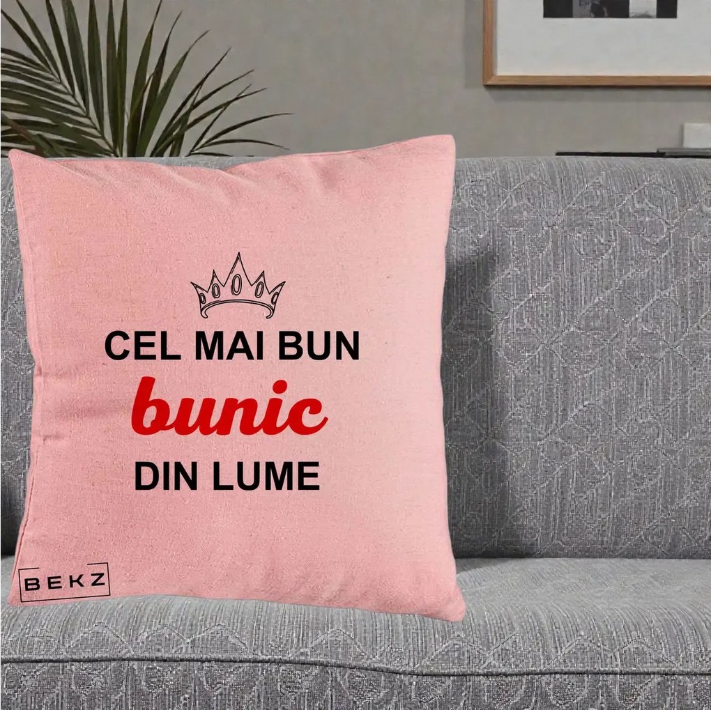 Cadou pentru Bunic - Perna Personalizata Cel Mai Bun Bunic Din Lume Coroana Rosu, 40x40 cm, Roz, Husa Detasabila, Perna Inclusa, BEKZ®