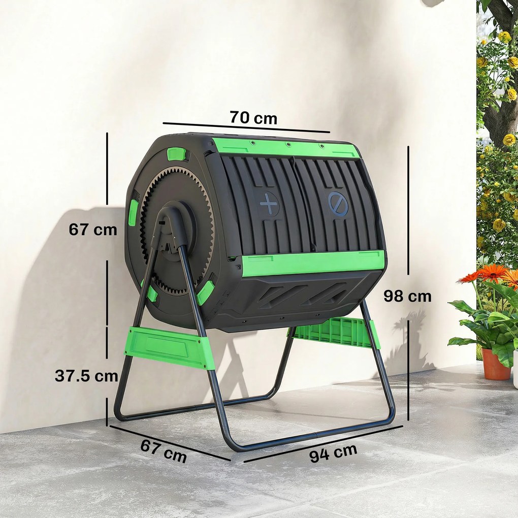 Compostor de Grădină Rotativ Outsunny 200L cu Cameră Dublă, Rotație 360°, Guri de Aerisire, Mănuși, din PP Fără BPA, pentru Compostare Deșeuri Organice din Bucătărie, Grădină și Curte | Aosom Romania