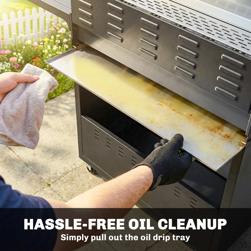 Outsunny Grătar pe gaz 18,6 kW 6+1 arzătoare, cărucior BBQ din oțel inoxidabil cu roți, termometru, raft încălzire, masă laterală, dulap inferior | Aosom Romania