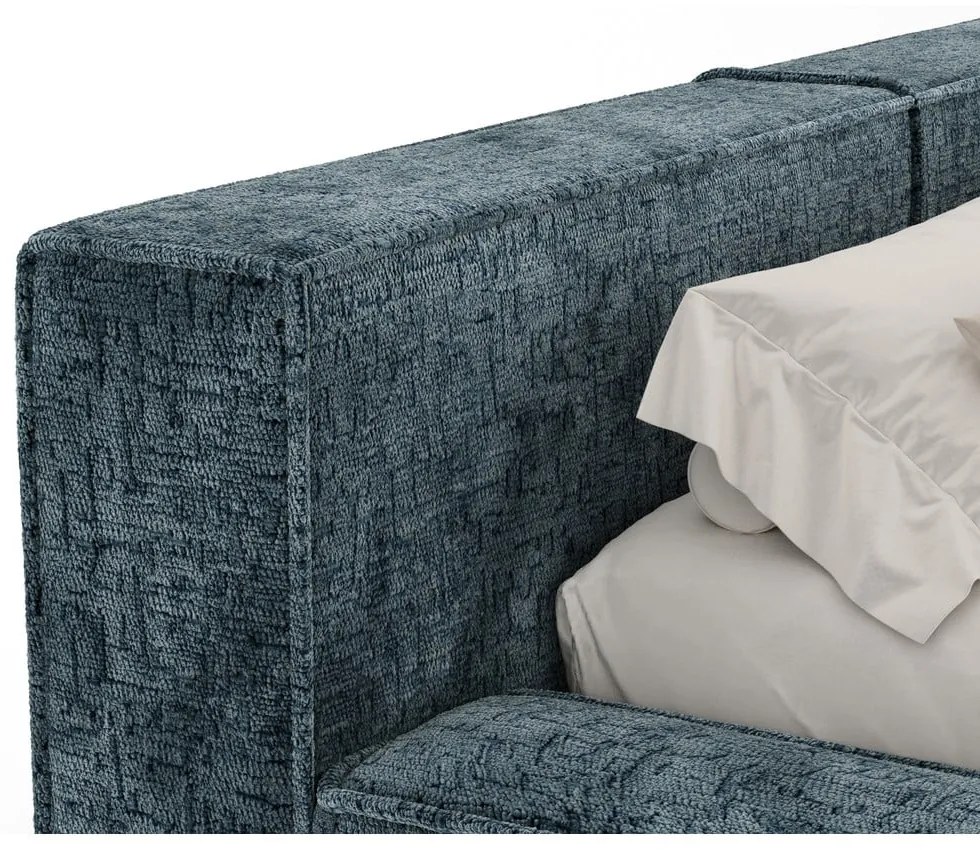 Pat matrimonial albastru prăfuit tapițat cu spațiu de depozitare cu somieră 180x200 cm Voliera – Maison de Rêve