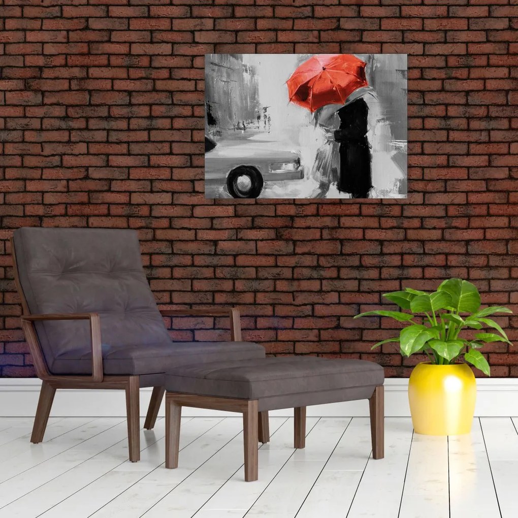Tablou pe sticlă - Cuplu în dragoste sub o umbrelă, roșu (70x50 cm)