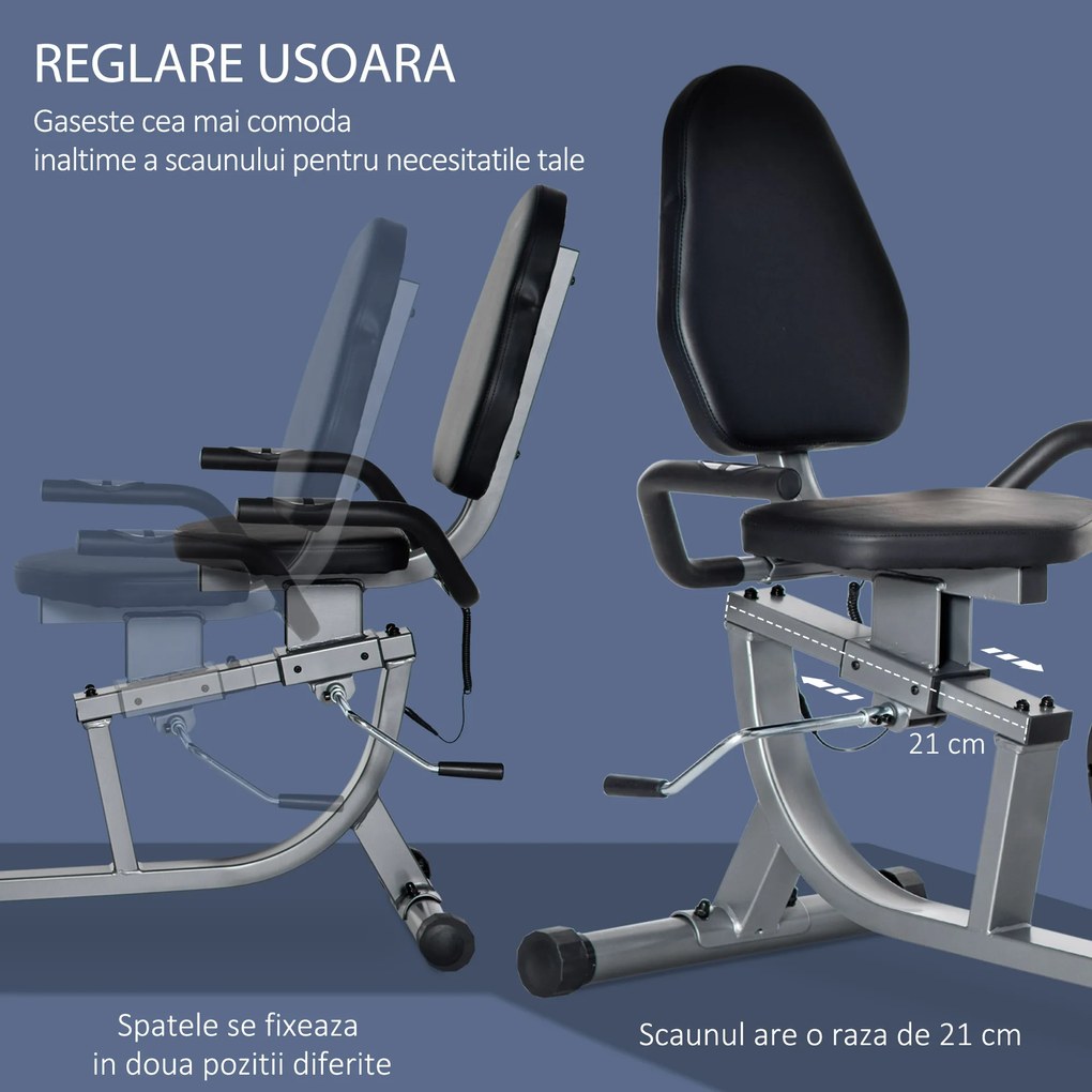 HOMCOM Bicicletă de Exerciții Înclinată Orizontală cu 8 Nivele de Rezistență, Monitor LCD și Scaun Reglabil, 122-137x62x103 cm, Gri | Aosom Romania