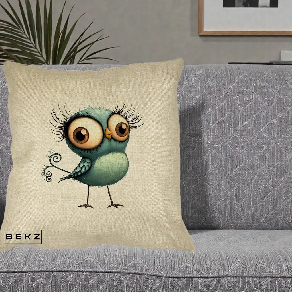 Perna Decorativa Pasare Teal cu Gene si Coada Spiralata, 40x40 cm, Crem, Husa Detasabila, Perna Inclusa, BEKZ®