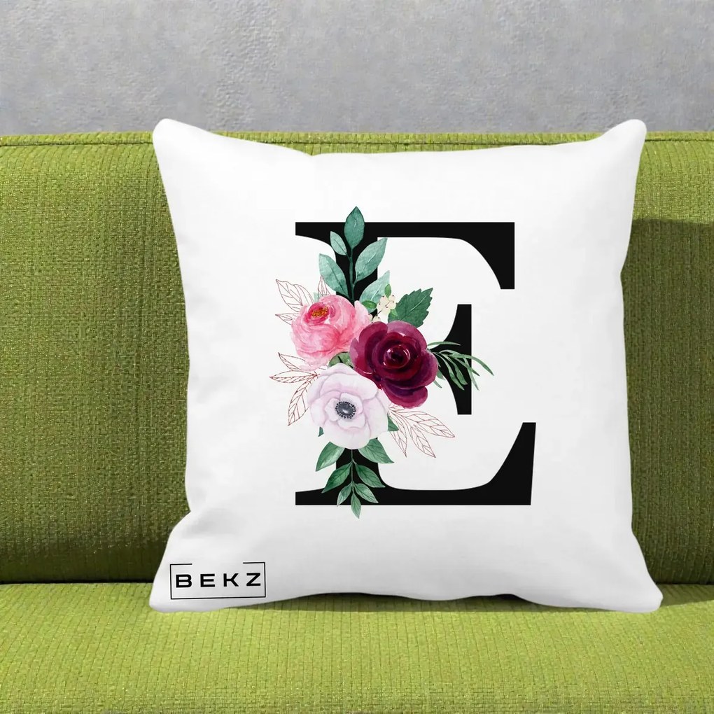 Cadou Personalizat - Perna Personalizata Monograma Florala Litera E, 40x40 cm, Alba Mata, Husa Detasabila, Perna Inclusa, BEKZ®