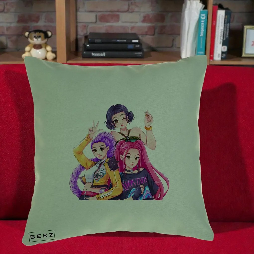 Perna Personalizata K-pop HUNTRX Trio Animat Fete Foto, 40x40 cm, Verde, Husa Detasabila, Perna Inclusa, BEKZ®