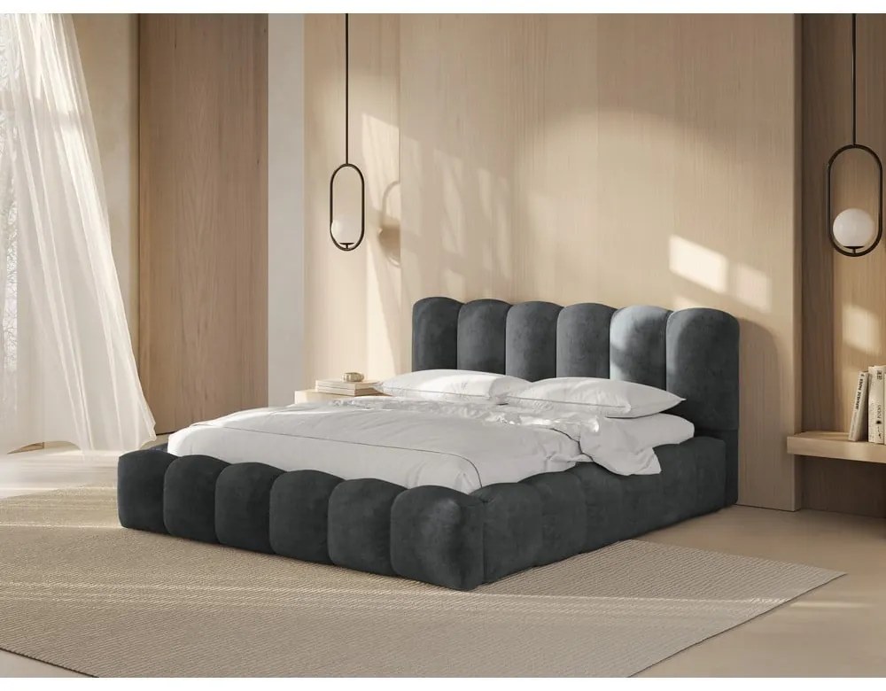 Pat matrimonial gri tapițat cu spațiu de depozitare cu somieră 160x200 cm Lupine – Micadoni Home
