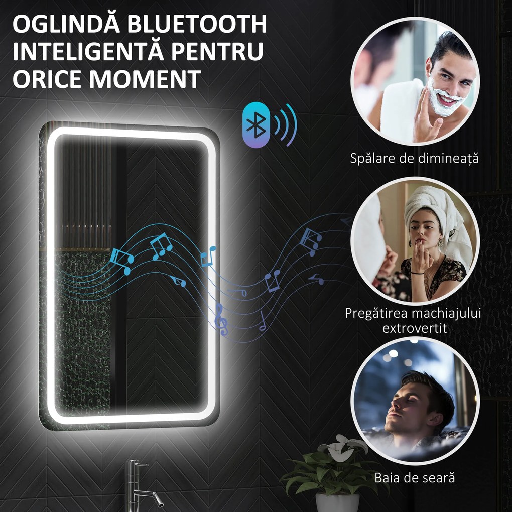 HOMCOM Oglindă de Baie Bluetooth LED 50 x 70 cm cu Anticeață - Argintiu | Aosom Romania