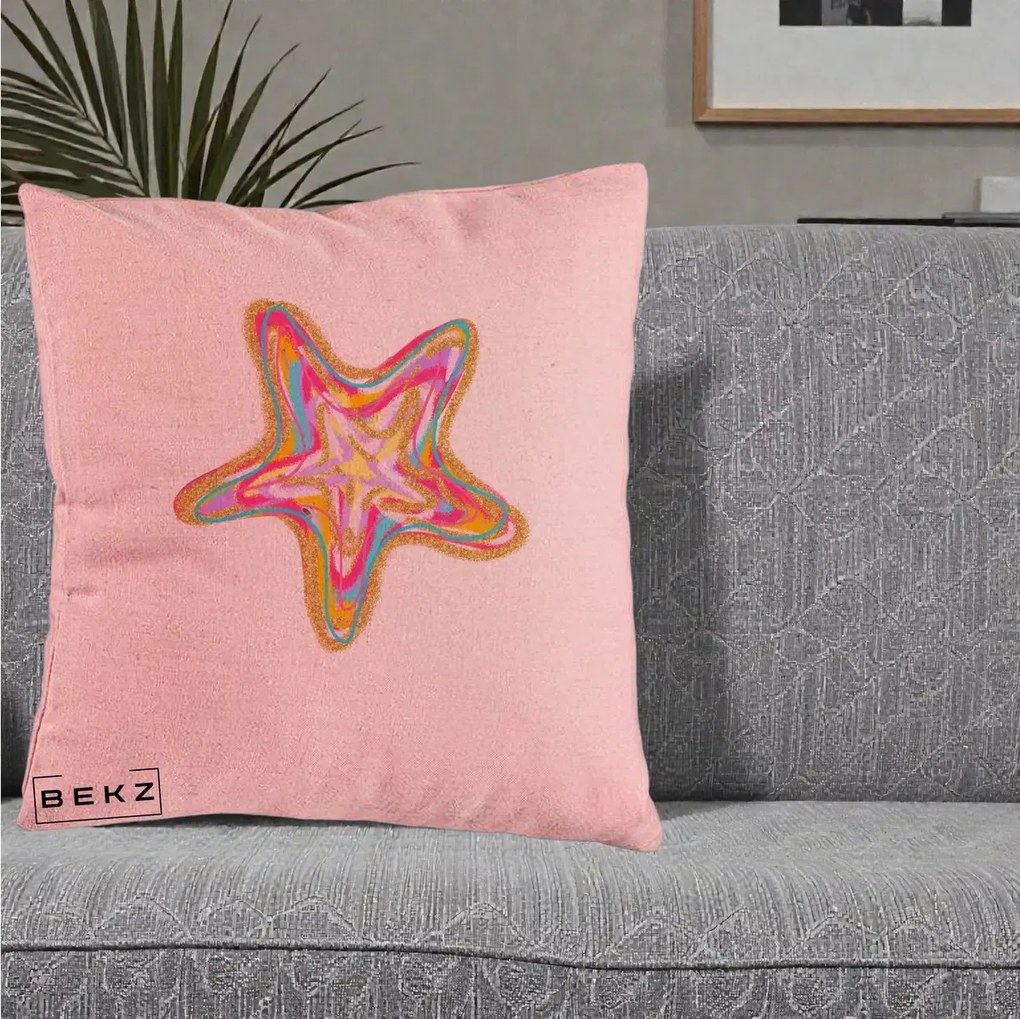 Perna Decorativa Stea de Mare Neon Curcubeu, 40x40 cm, Roz, Husa Detasabila, Perna Inclusa, BEKZ®