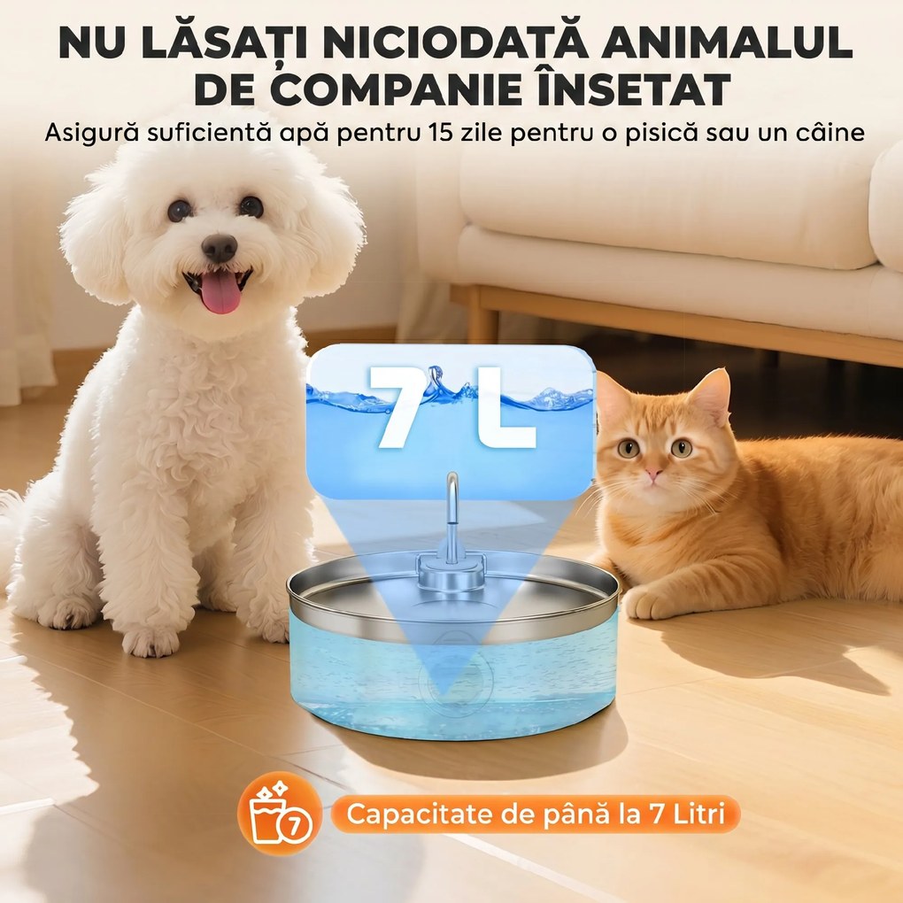 PawHut Fântână pentru Pisici 7L cu LED, 30,5x31,2x19,3 cm, Argintie | Aosom Romania