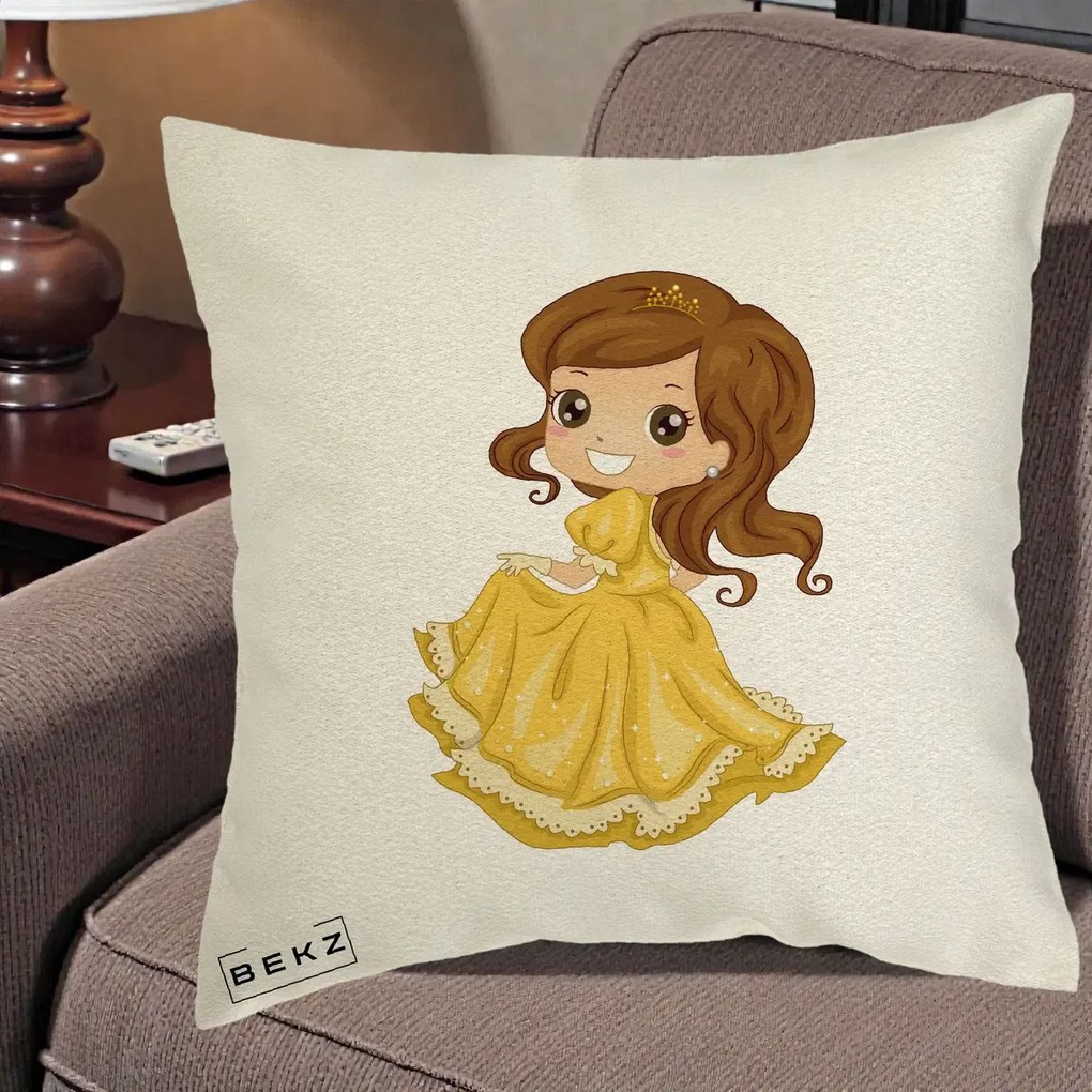 Perna Decorativa Printesa Bella Rochie Aurie, 40x40 cm, Ecru, Husa Detasabila, Perna Inclusa, BEKZ®