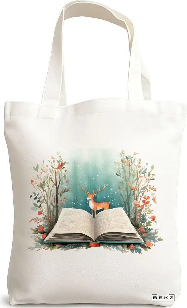 Sacosa de Panza pentru Cumparaturi, Geanta Tote, model Foxy and books 2 38 x 34.5 cm, Alba, BEKZ®