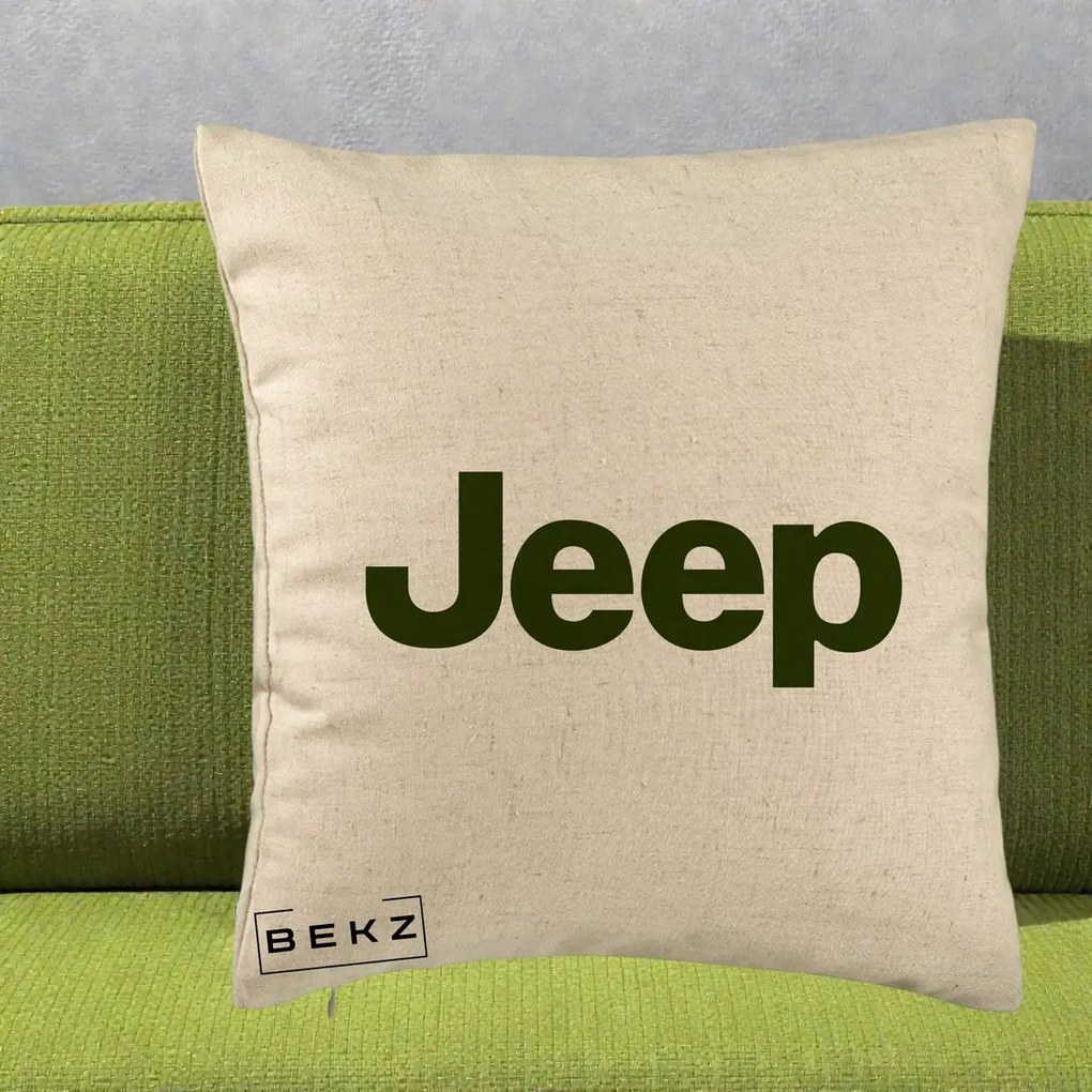 Perna Personalizata cu emblema Jeep, 40x40 cm, Bej, Husa Detasabila, Perna Inclusa, BEKZ®