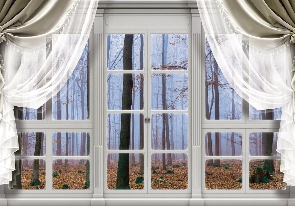 Fototapet - Geam - pădurea în ceață (152,5x104 cm)