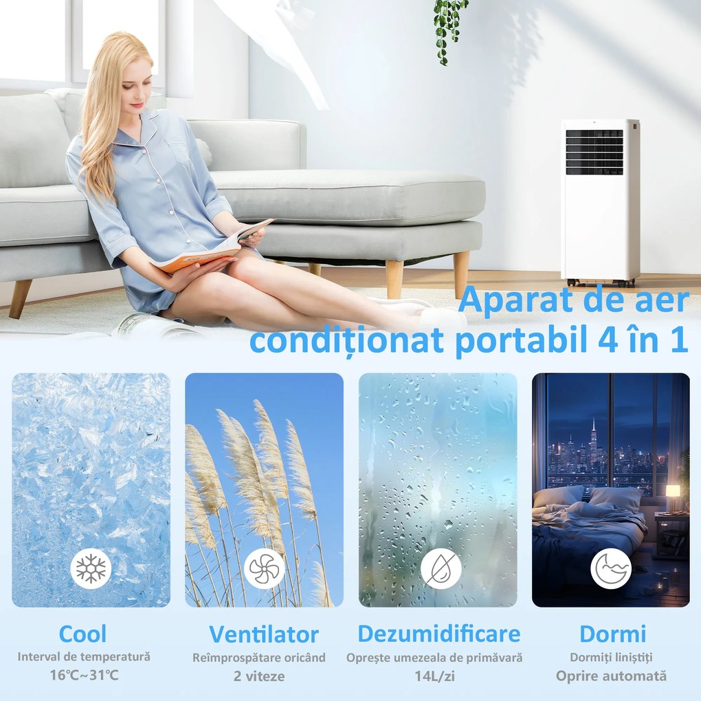 HOMCOM Aparat de Aer Condiționat Portabil 5000 BTU, Unitate 4-în-1: Răcire, Dezumidificare, Ventilator, Modul Sleep | Aosom Romania
