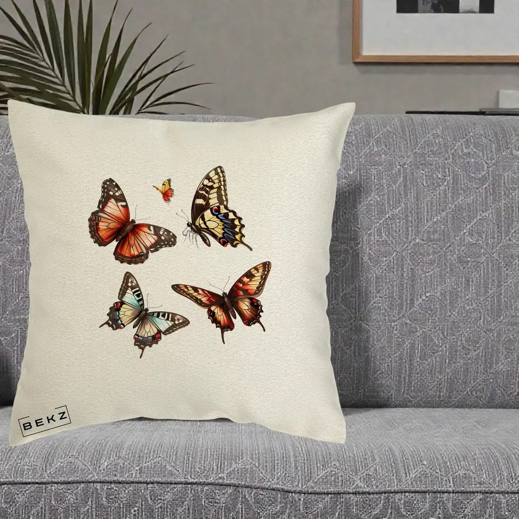 Perna Decorativa Colectie Fluturi Multicolori, 40x40 cm, Ecru, Husa Detasabila, Perna Inclusa, BEKZ®