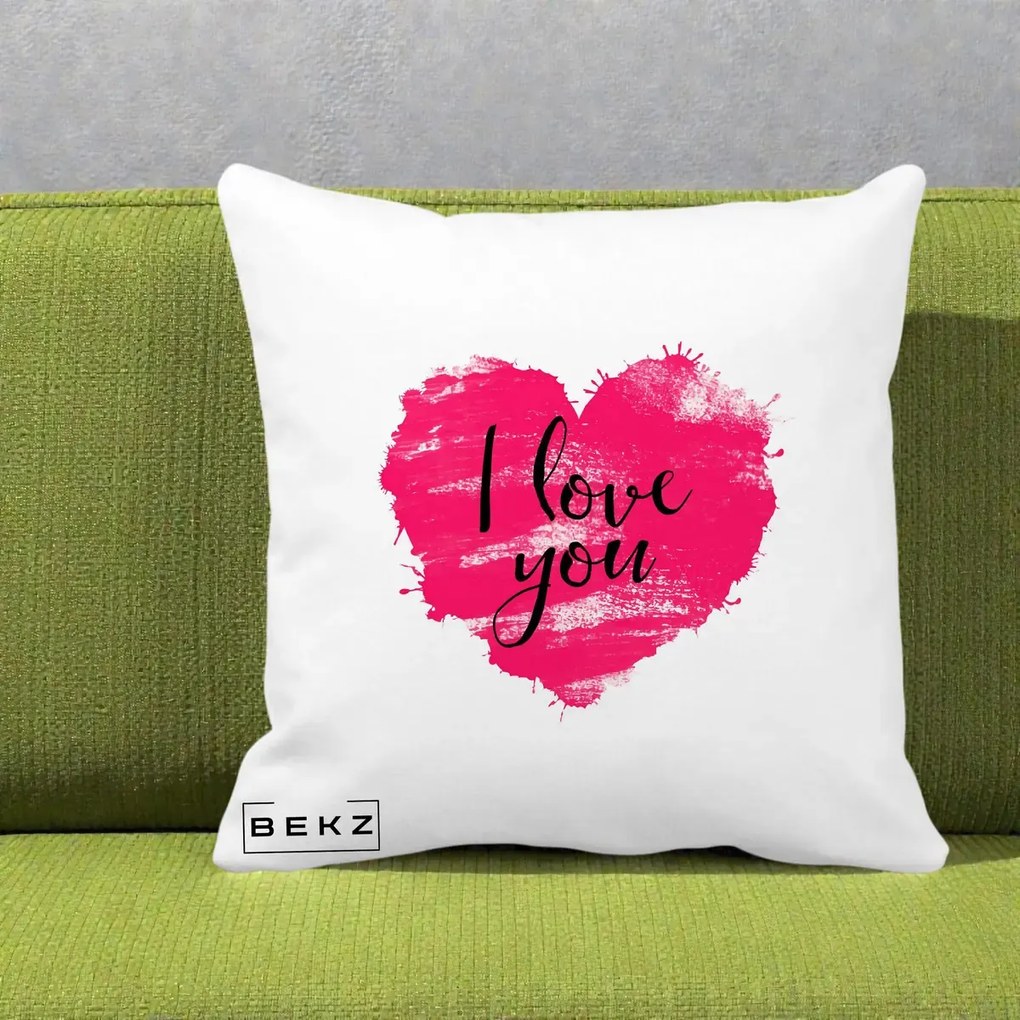 Cadou Romantic - Perna Personalizata I Love You Inima Roz, 40x40 cm, Alba Mata, Husa Detasabila, Perna Inclusa, BEKZ®
