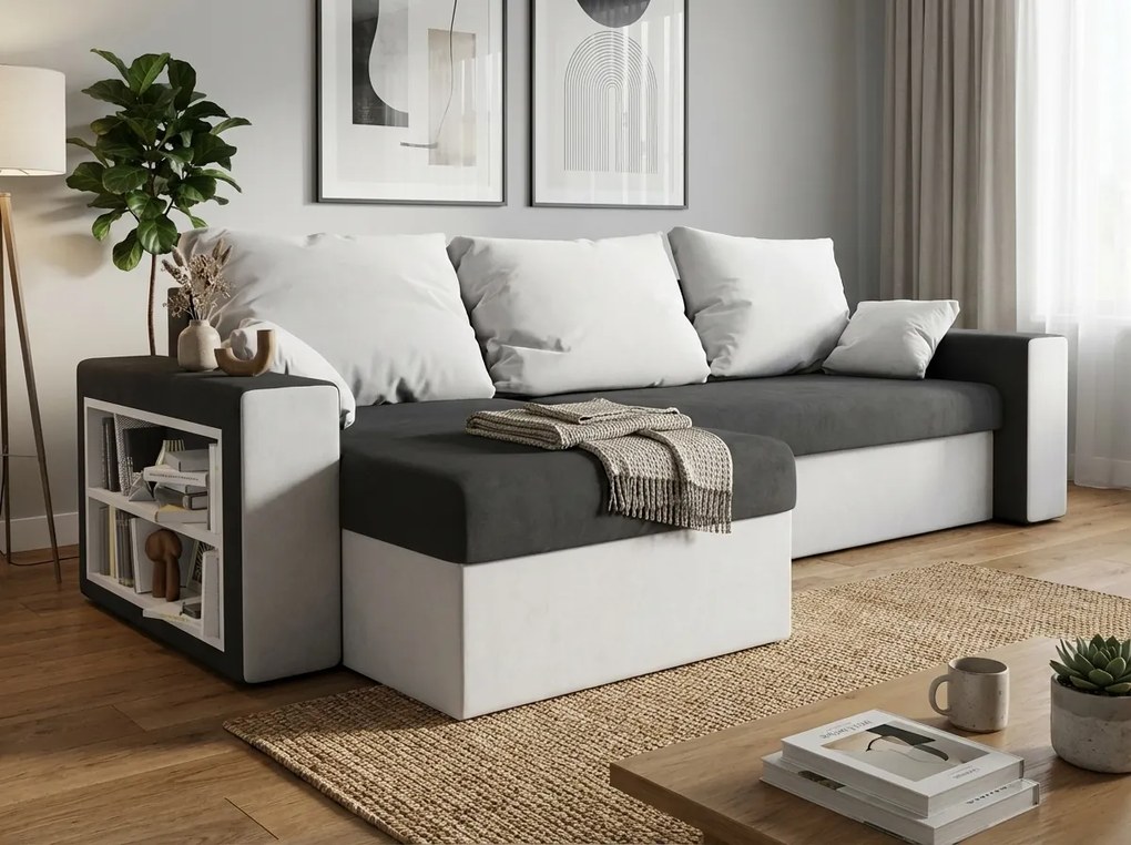 Coltar extensibil reversibil NORIX 240x140 cm, gri/alb cu polita + 2 pernute GRATIS