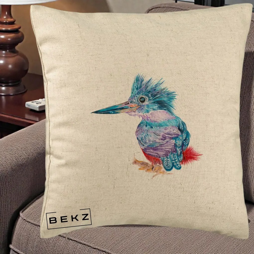 Perna Decorativa Pasare Martin Pescar Acuarela Albastru-Mov, 40x40 cm, Bej, Husa Detasabila, Perna Inclusa, BEKZ®