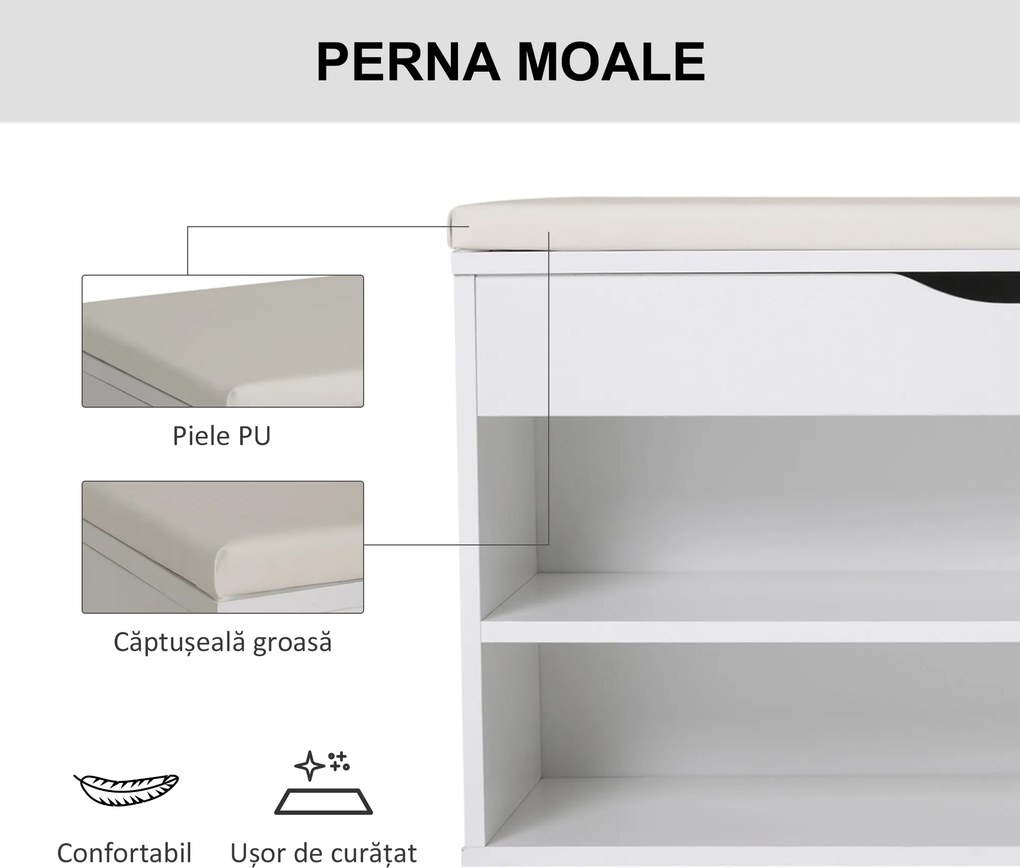 HOMCOM Bancă pentru Pantofi, soluție economisitoare de spațiu, cu șezut imblopat și capac rabatabil, pentru intrare, PAL, 80x30x47cm, Alb | Aosom Romania