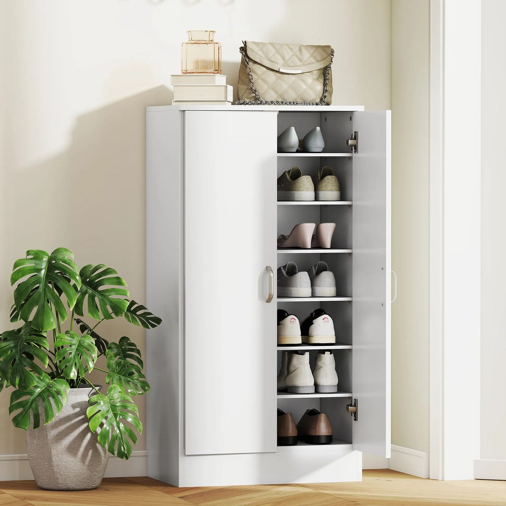 HOMCOM Raft de pantofi cu balamale Soft-Close, rafturi reglabile, dulap de 6 nivele pentru hol, intrare, pentru 14 perechi, 55 x 35 x 108 cm, placaj, Alb | Aosom Romania