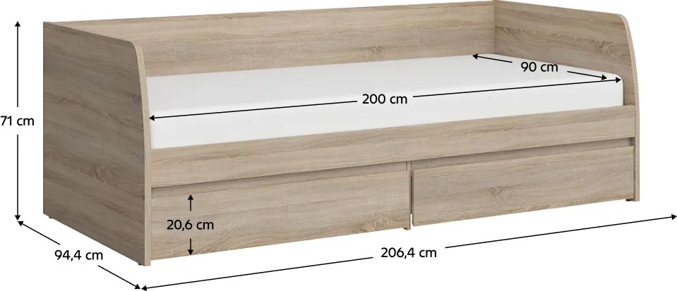 Pat 2S, 90x200, stejar sonoma, NORTY TYP 28